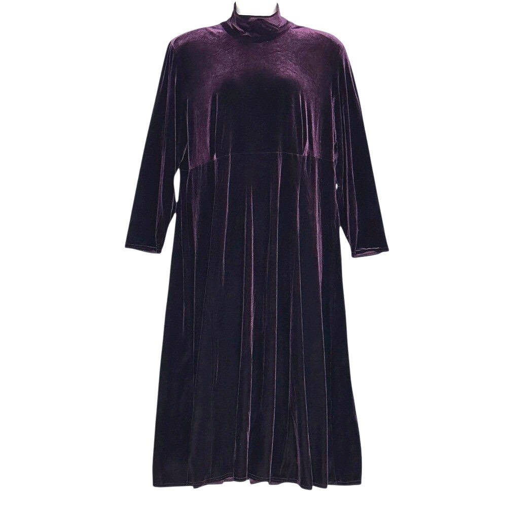 VTG 90s Y2K Women Dress Plus 1X Purple Velvet Mock Modest Maxi Goth Witchy Party